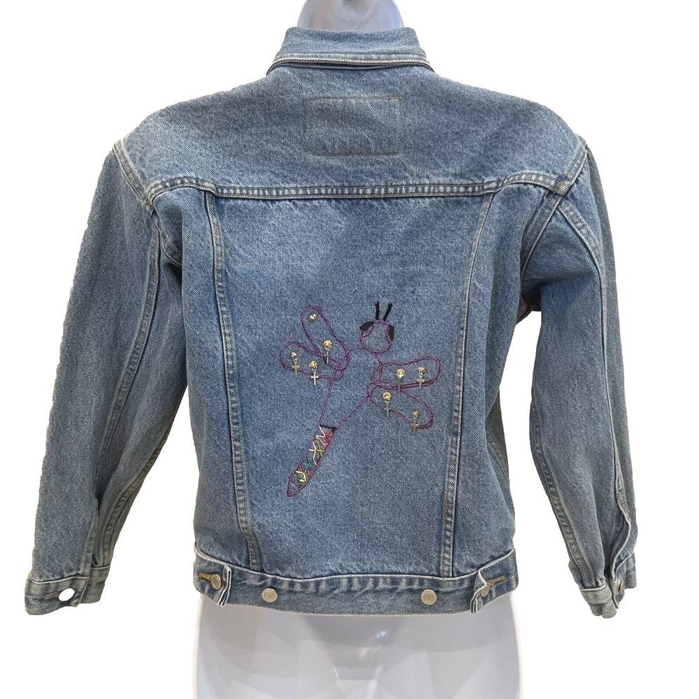 Faded Glory Womens Denim Jacket Medium Wash Dragonfly Embroidered Crosses Sz M‎